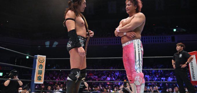 【新日本】海野翔太、あと一歩での無念のタイムアップ！ 潔く敗北宣言も、TAKESHITA「新日本魂がそうさせるのか」試合後、謎の“能面男”出現＆チェーズ急襲！